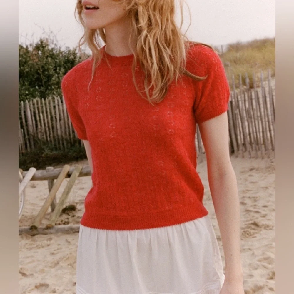 Doen Monica Alpaca Wool Pointelle Short Sleeeve Crew Neck Sweater Top Cherry Red